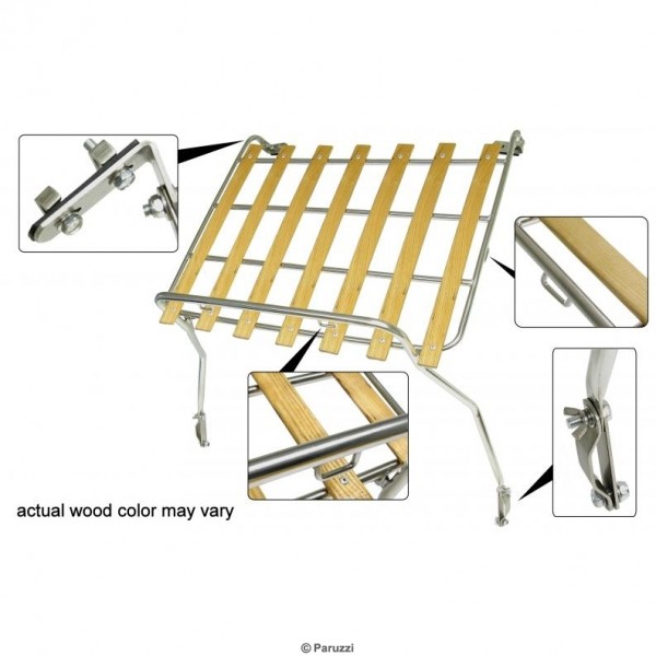 3490  Gepäckträger mit Edelstahl-Motordeckel und Holzbalken. 